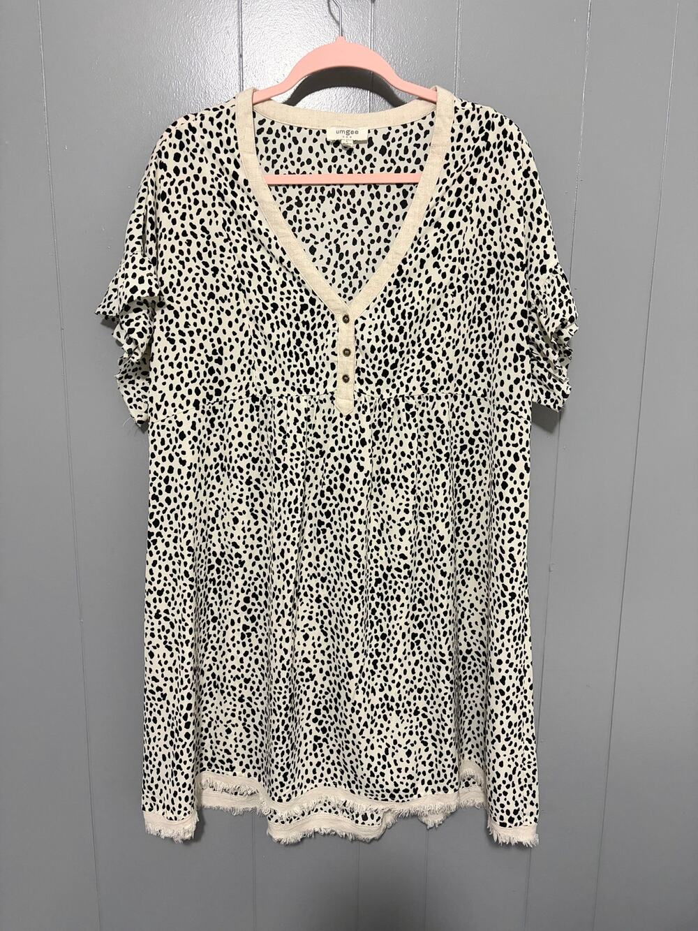 Umgee Cream Dotted Babydoll Short Sleeve V-neck Boho Western Mini Dress L